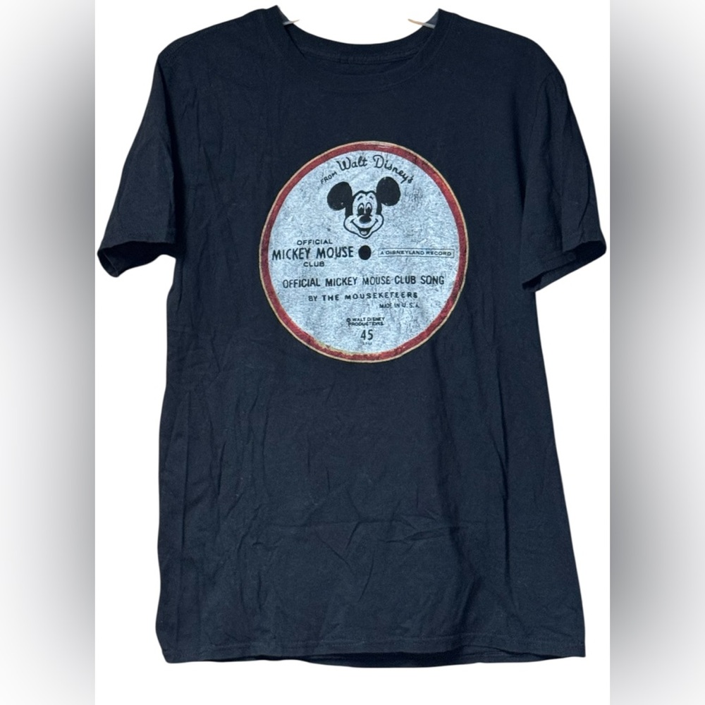 Rare DISNEY PARKS Mickey Mouse Club 45 RPM Record Lyrics T- Shirt ~ women's M
